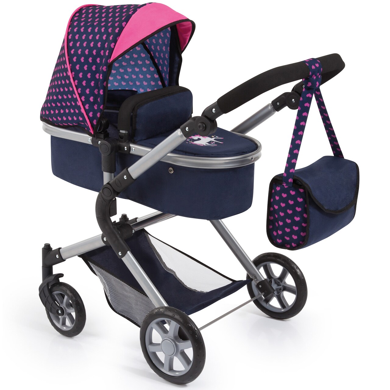 Bayer: Pram Neo City - Blue, Pink - Dolls Up to 20", Shoulder Bag, Convert to Jogger Pushchair, Foldable, Direction Changing, Kids Age 3+